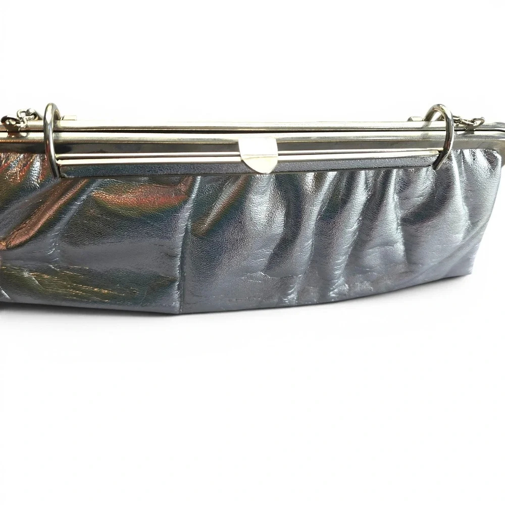Vintage Silver Metallic Evening Clutch Bag Snake Chain Strap Retro